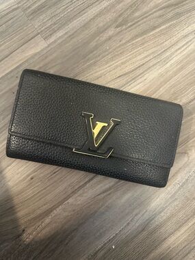 Louis Vuitton Black Leather Wallet with Gold LV Logo